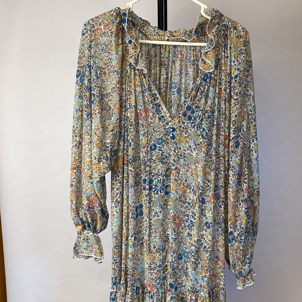 Free People Feeling Groovy Soft Blue floral print Combo lined boho Maxi Dress L